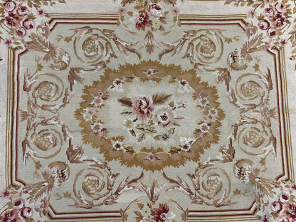 Aubusson Needlepoint Rug 4x5 ft, Beige and Tan, Aubusson Savonnerie Vintage Carpet, Handwoven Handmade Wool Rug, European Design Floral Rose - Nuvé