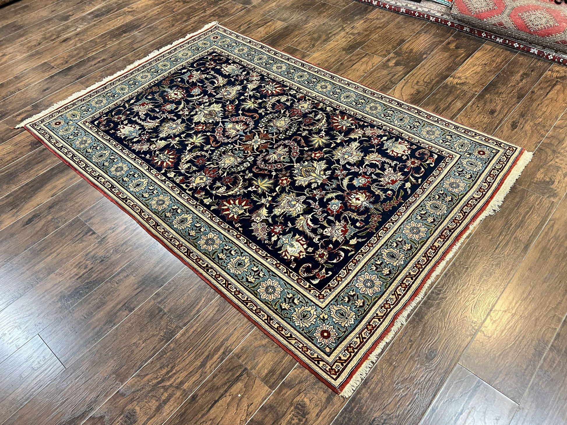 Blue Persian Qum Rug 5x7, Very Fine and Wonderful Authentic Persian Carpet, Wool Hand Knotted Vintage Semi Antique Oriental Rug, Floral, Ghom Qom Rug - Nuvé
