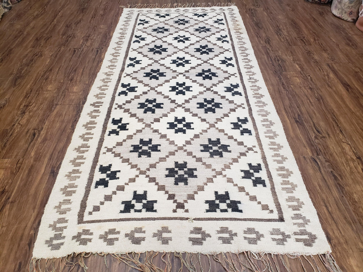 Semi Antique South American Blanket 4x8, Wool Hand-Woven Flatweave Kilim Rug, Handmade Antique Vintage Runner, Ivory & Blue, Diamond Panel - Nuvé