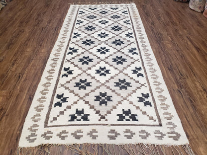 Semi Antique South American Blanket 4x8, Wool Hand-Woven Flatweave Kilim Rug, Handmade Antique Vintage Runner, Ivory & Blue, Diamond Panel - Nuvé
