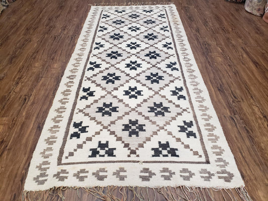 Semi Antique South American Blanket 4x8, Wool Hand-Woven Flatweave Kilim Rug, Handmade Antique Vintage Runner, Ivory & Blue, Diamond Panel - Nuvé