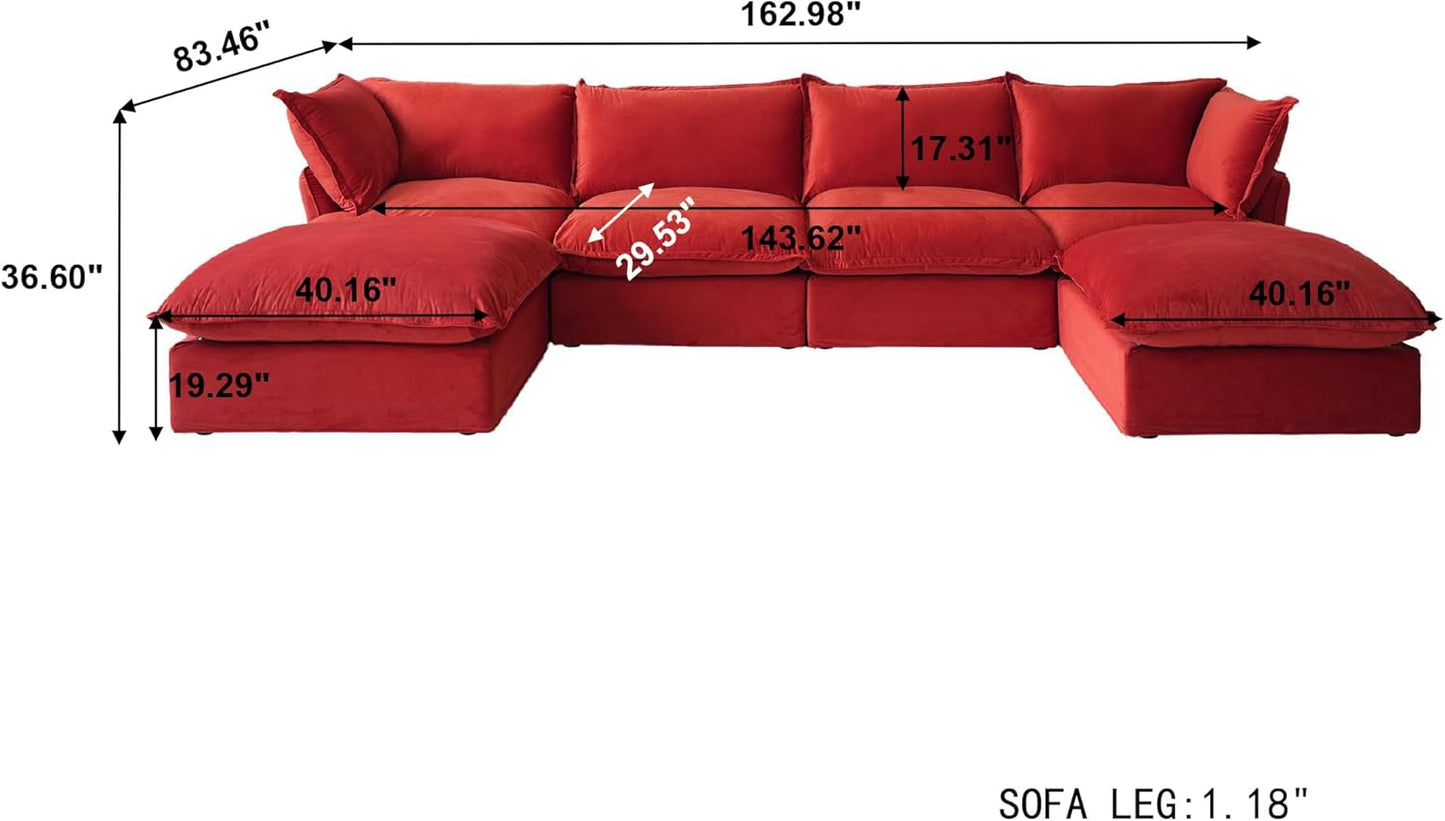 Sabi Modular Boucle Cloud Sofa - Red - 4-Seater Sectional Sofa with 2 Ottomans - Nuvé