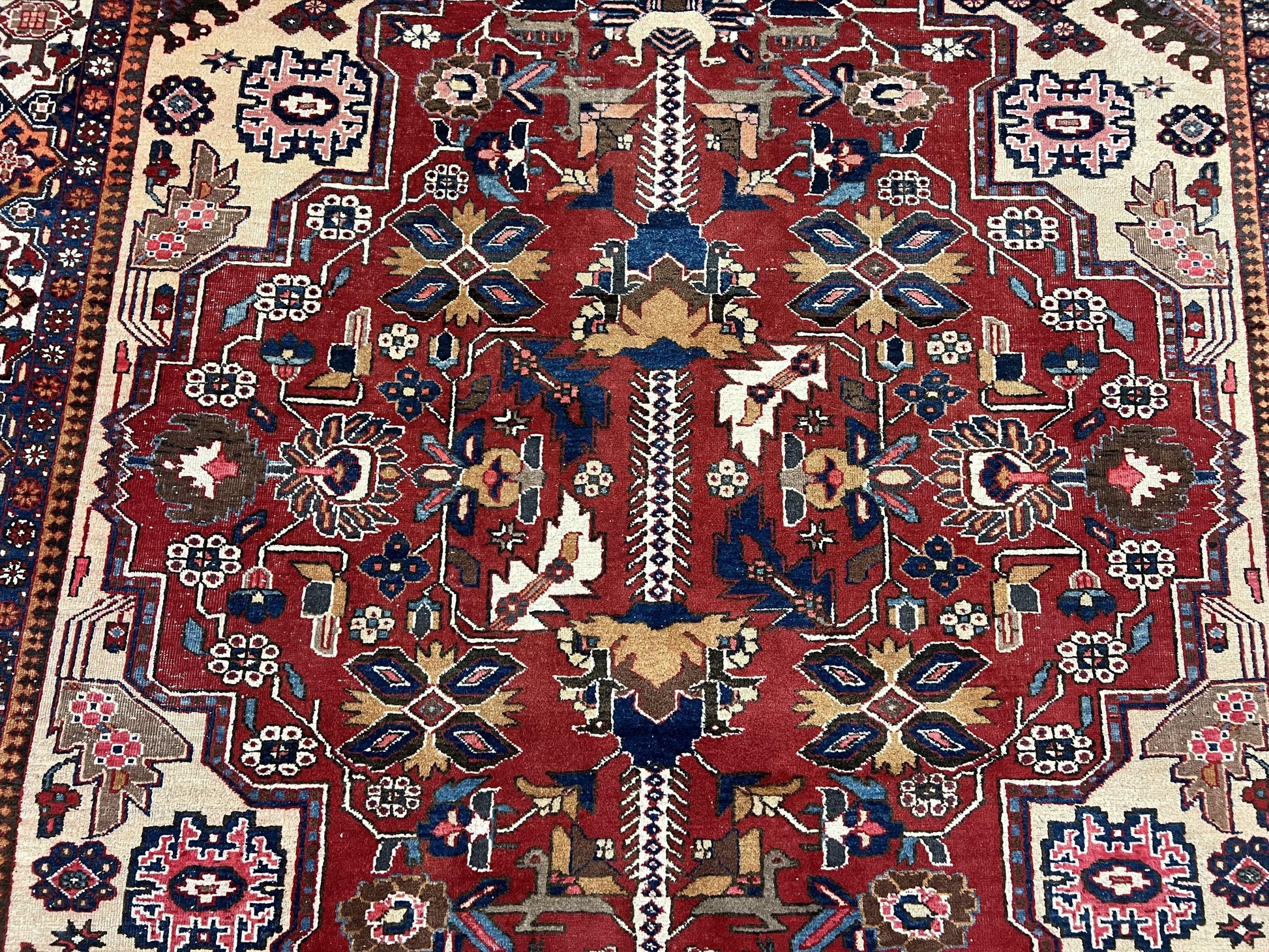Antique Persian Heriz Rug 8x12 ft, Geometric Tribal Room Sized Carpet, Camel Hair Red Navy Blue, Wool Hand Knotted Medallion Oriental Carpet - Nuvé