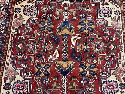 Antique Persian Heriz Rug 8x12 ft, Geometric Tribal Room Sized Carpet, Camel Hair Red Navy Blue, Wool Hand Knotted Medallion Oriental Carpet - Nuvé