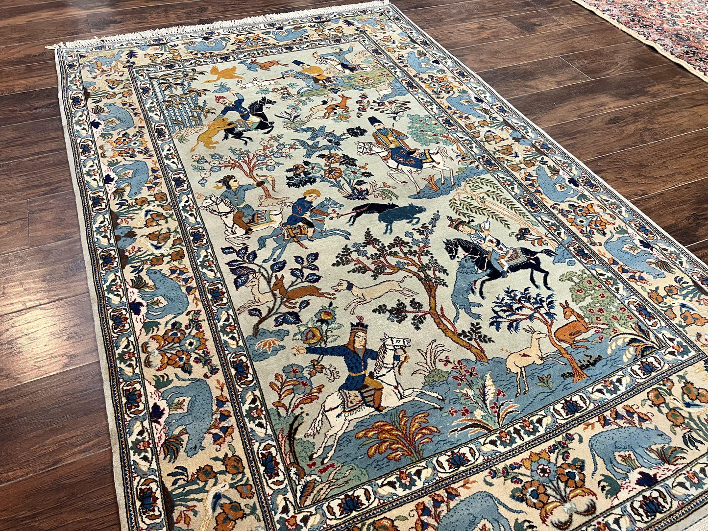 Persian Kashan Pictorial Rug 4.6 x 7, Hunting Scene, SIgned by Masterweaver, Animal Pictorials, Rare, Handmade, Wool, Vintage, Very Fine - Nuvé
