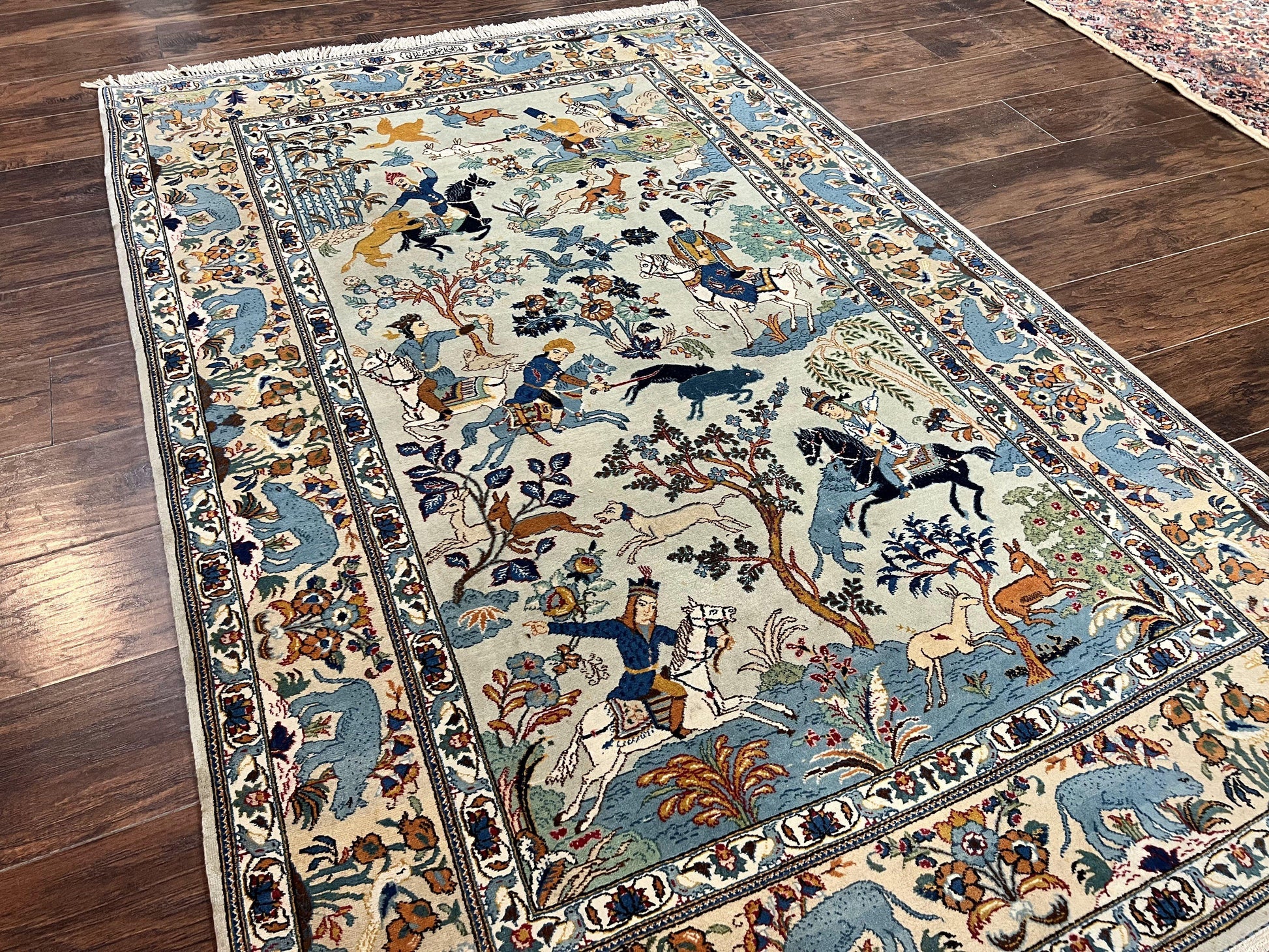 Persian Kashan Pictorial Rug 4.6 x 7, Hunting Scene, SIgned by Masterweaver, Animal Pictorials, Rare, Handmade, Wool, Vintage, Very Fine - Nuvé
