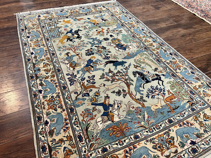 Persian Kashan Pictorial Rug 4.6 x 7, Hunting Scene, SIgned by Masterweaver, Animal Pictorials, Rare, Handmade, Wool, Vintage, Very Fine - Nuvé