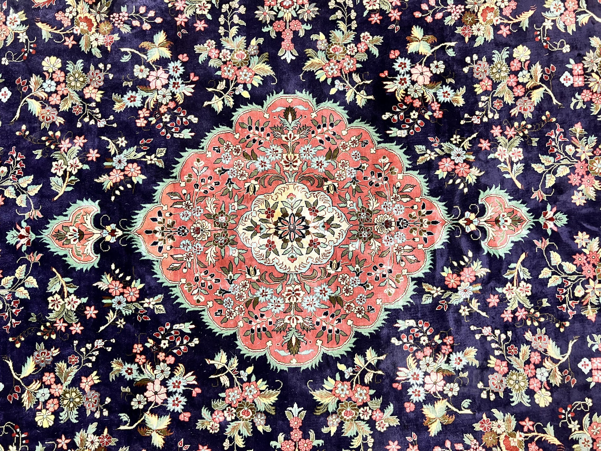 Stunning Silk Persian Qum Rug 7x9, Finely Hand Knotted Navy Blue & Salmon Floral Medallion Authentic Oriental Carpet, Vintage Handmade Silk Ghom Rug, Silk on Silk - Nuvé