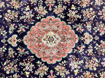 Stunning Silk Persian Qum Rug 7x9, Finely Hand Knotted Navy Blue & Salmon Floral Medallion Authentic Oriental Carpet, Vintage Handmade Silk Ghom Rug, Silk on Silk - Nuvé