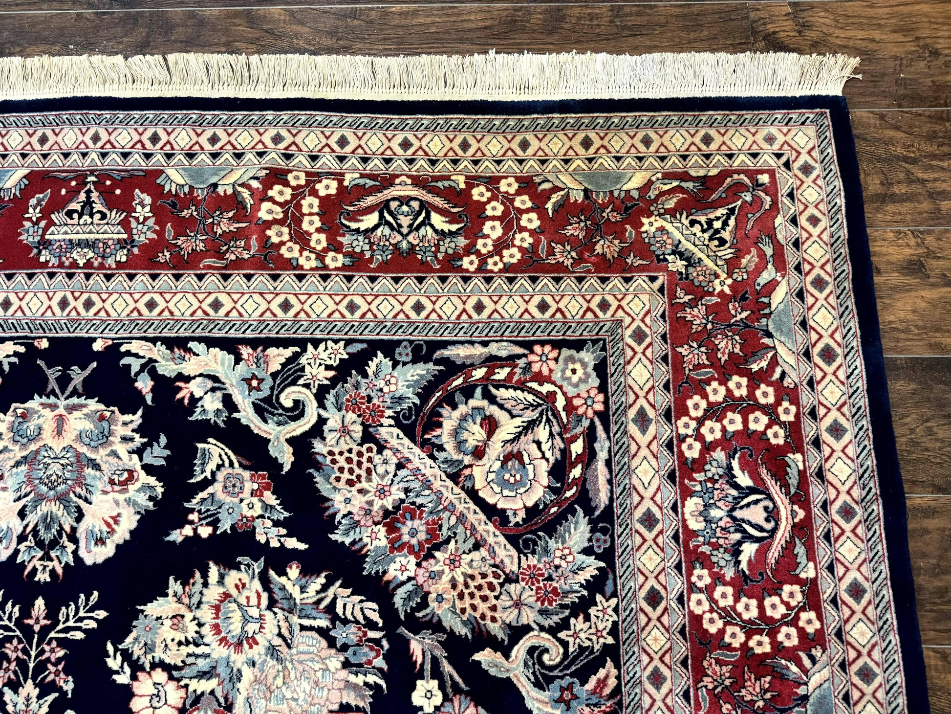 Sino Persian Rug 8x10, Floral Kirman Carpet, Navy Blue and Red, Floral Vases, Handmade Vintage Wool Carpet, 320 KPSI - Nuvé