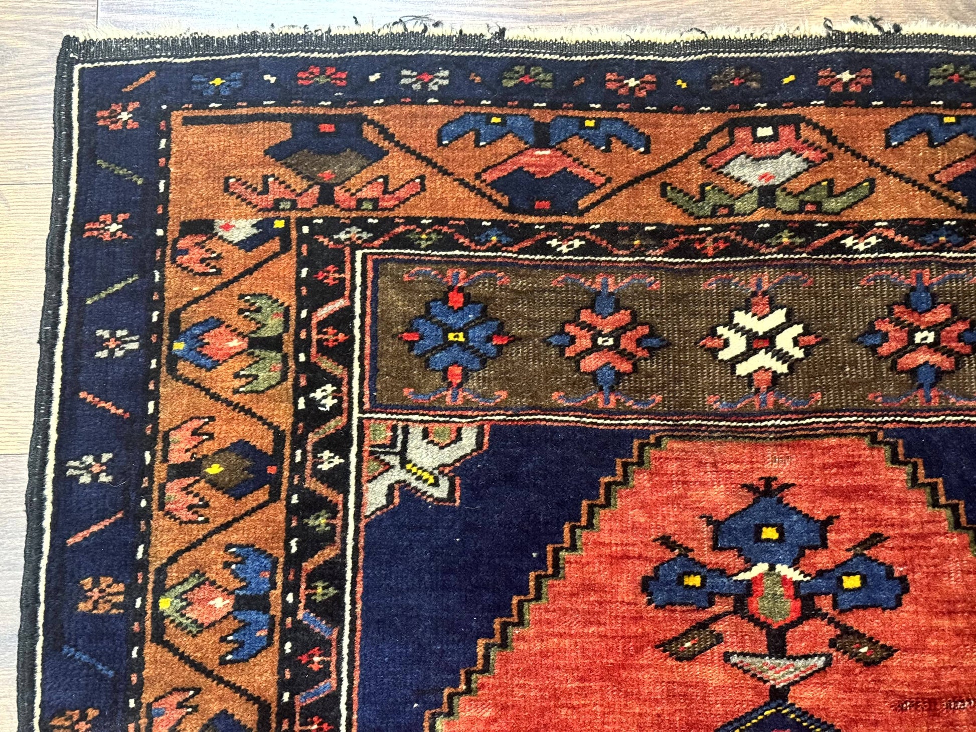 Persian Rug 3x6, Geometric Medallion, Village Tribal Rug, Terracotta and Navy Blue, Antique Nahavand Hamadan Rug - Nuvé