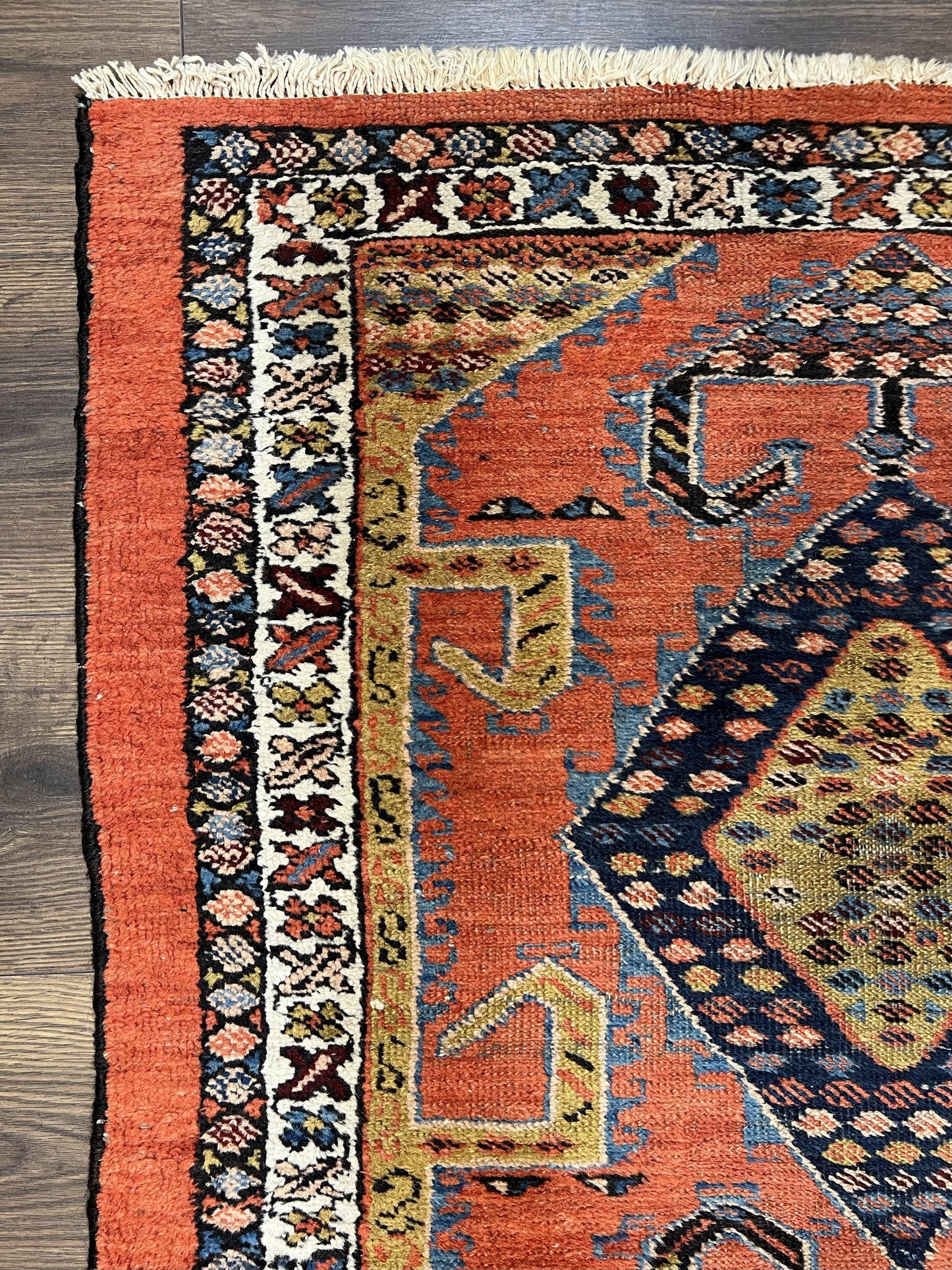 Rare Persian Tribal Runner Rug 3 x 11, Sarab Serab Persian Runner, Antique 1920s Collectible Geometric Medallions Oriental Wool Runner, Hand Knotted, Bright Orange-Red - Nuvé