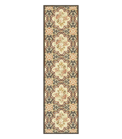 Needlepoint Runner Rug 2.8 x 9.8, Brown and Beige, Handwoven Handmade Floral French European Design, Vintage Flatweave 10ft Wool Runner Rug