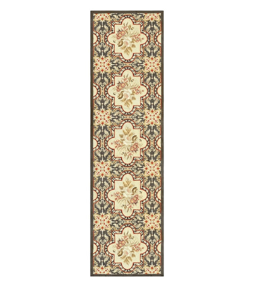 Needlepoint Runner Rug 2.8 x 9.8, Brown and Beige, Handwoven Handmade Floral French European Design, Vintage Flatweave 10ft Wool Runner Rug