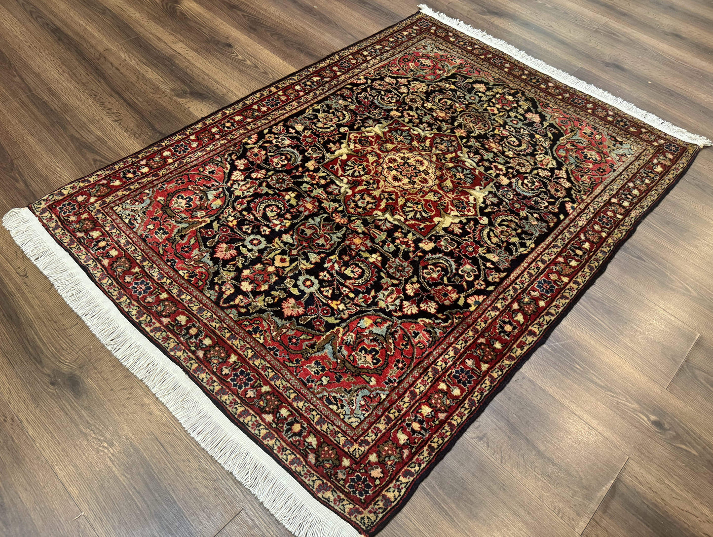 Antique Persian Sarouk Rug 4x5, Dark Blue and Red, Floral Medallion, Fine - Nuvé