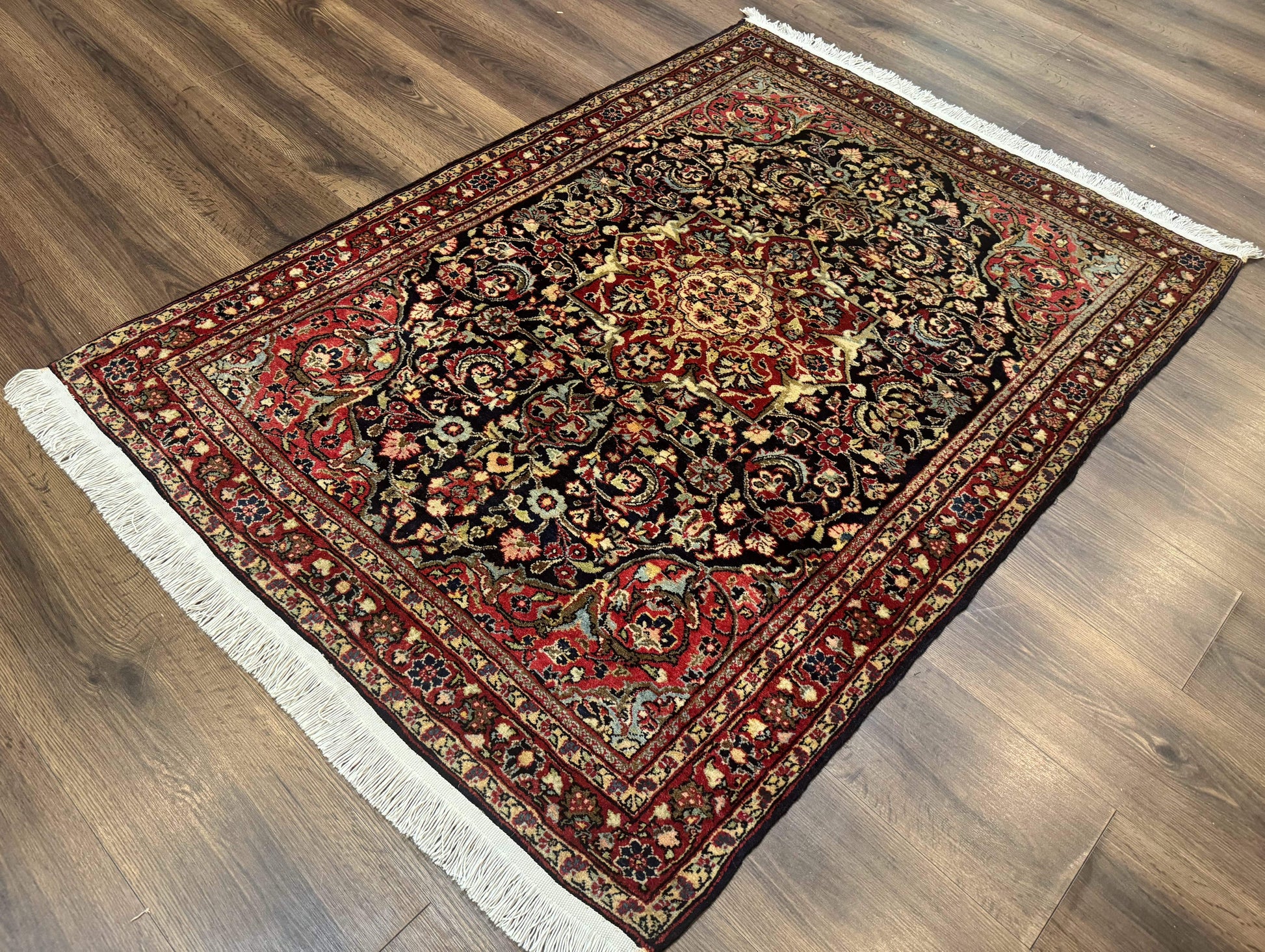 Antique Persian Sarouk Rug 4x5, Dark Blue and Red, Floral Medallion, Fine - Nuvé