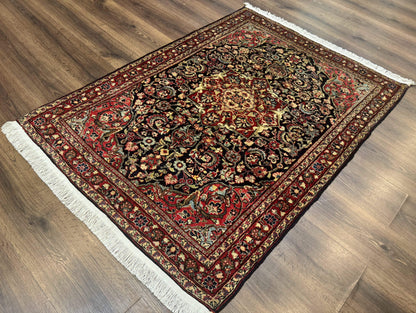 Antique Persian Sarouk Rug 4x5, Dark Blue and Red, Floral Medallion, Fine - Nuvé