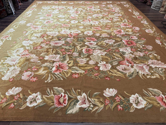 Large Needlepoint Rug 11x14, Vintage Floral Wool Carpet, Caramel - Nuvé