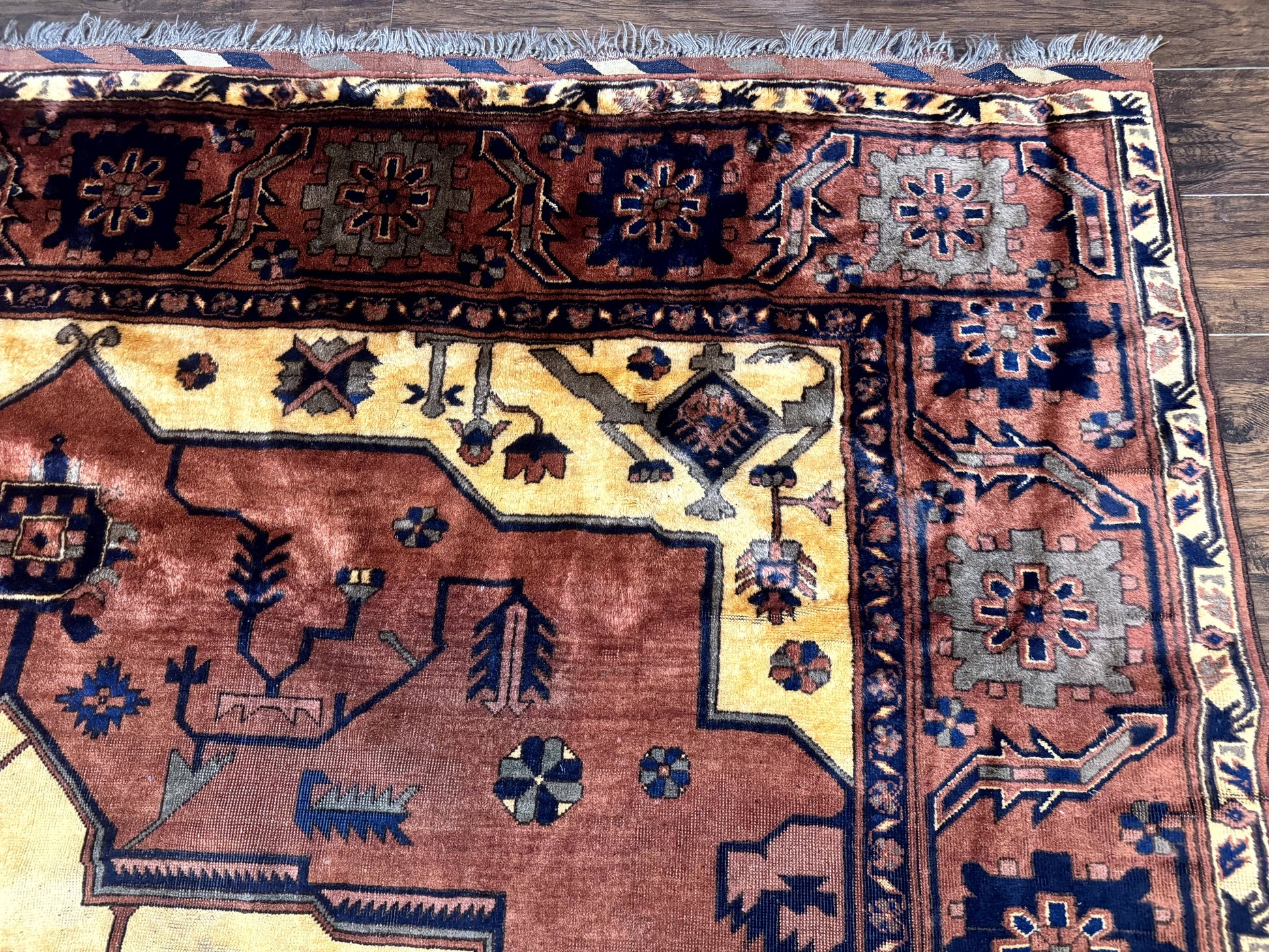 Afghan Heriz Rug 9x12, Tribal Geometric Serapi Carpet, Rust Cream and Navy, Wool on Wool - Nuvé