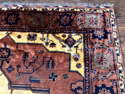 Afghan Heriz Rug 9x12, Tribal Geometric Serapi Carpet, Rust Cream and Navy, Wool on Wool - Nuvé