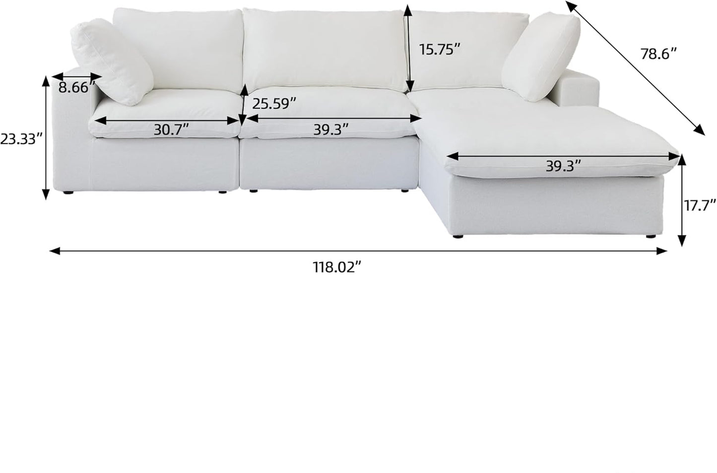 Nuvé® Solace Modular Bouclé Cloud Sofa - Snow White - 3-Seater Sectional Sofa with Ottoman - Nuvé