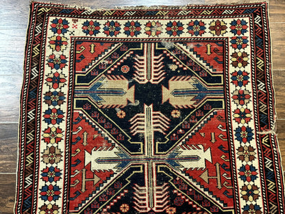 Antique Shirvan Caucasian Rug 3x5, Geometric Pattern, Red Navy Blue Beige - Nuvé