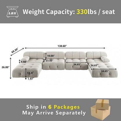 Nuvé® Takumi Velvet Modular Bouclé Cloud Sofa - Beige - 3-Seater Sofa with 2 Ottoman - Nuvé
