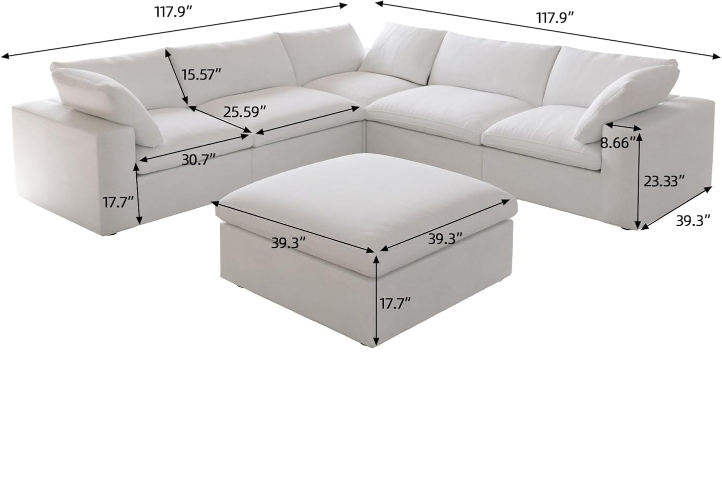 Nuvé® Solace Modular Bouclé Cloud Sofa - Snow White - 5-Seater Corner + Ottoman - Nuvé