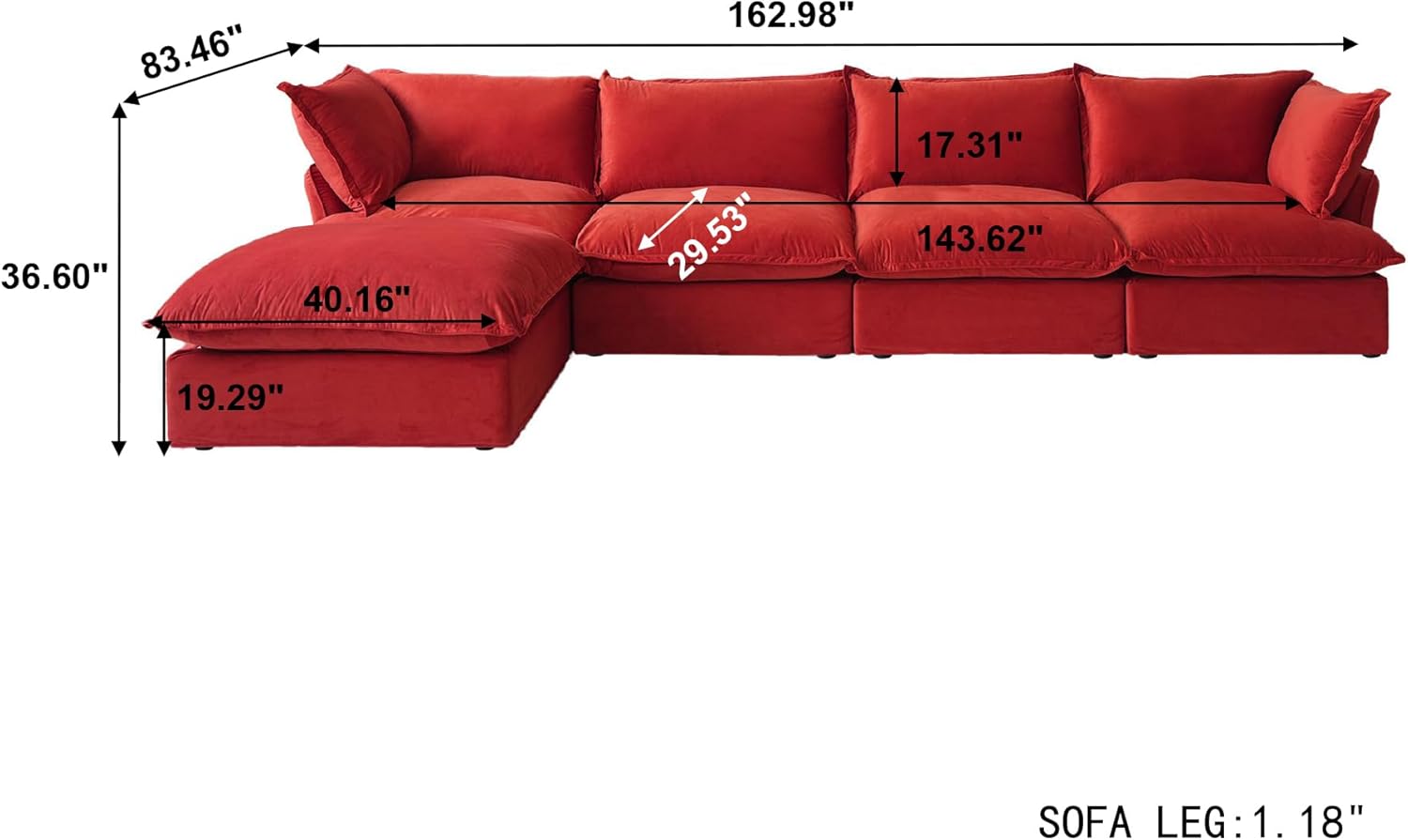 Sabi Modular Boucle Cloud Sofa- Red - 4-Seater Sectional Sofa with Ottoman - Nuvé
