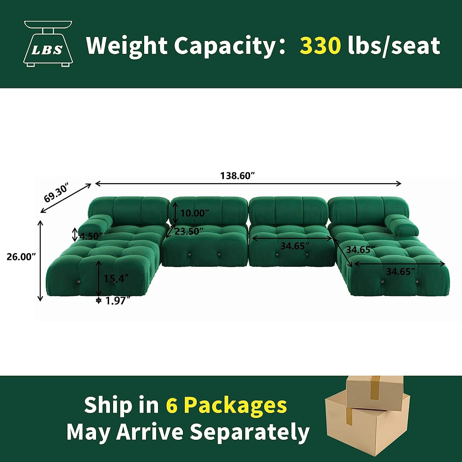 Nuvé® Takumi Velvet Modular Bouclé Cloud Sofa - Green - 3-Seater Sofa with 2 Ottoman - Nuvé