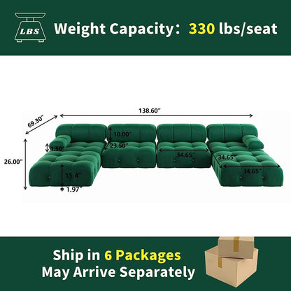 Nuvé® Takumi Velvet Modular Bouclé Cloud Sofa - Green - 3-Seater Sofa with 2 Ottoman - Nuvé