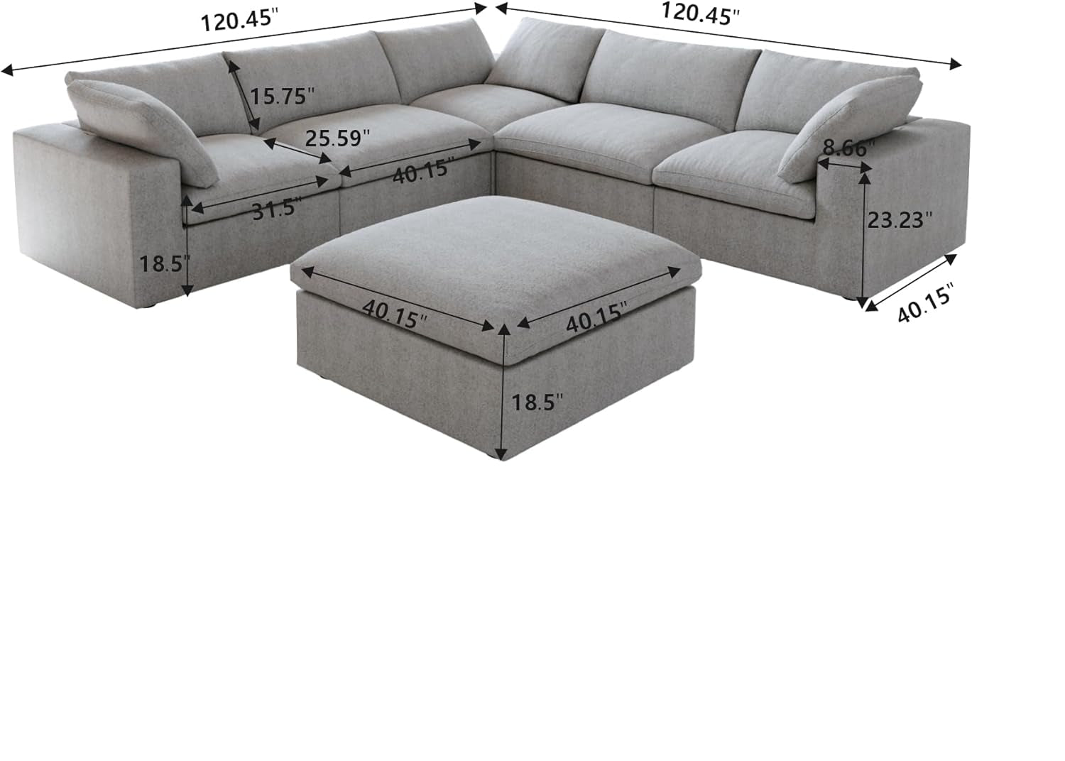 Nuvé® Solace Modular Bouclé Cloud Sofa - Space Grey - 5-Seater Corner + Ottoman - Nuvé