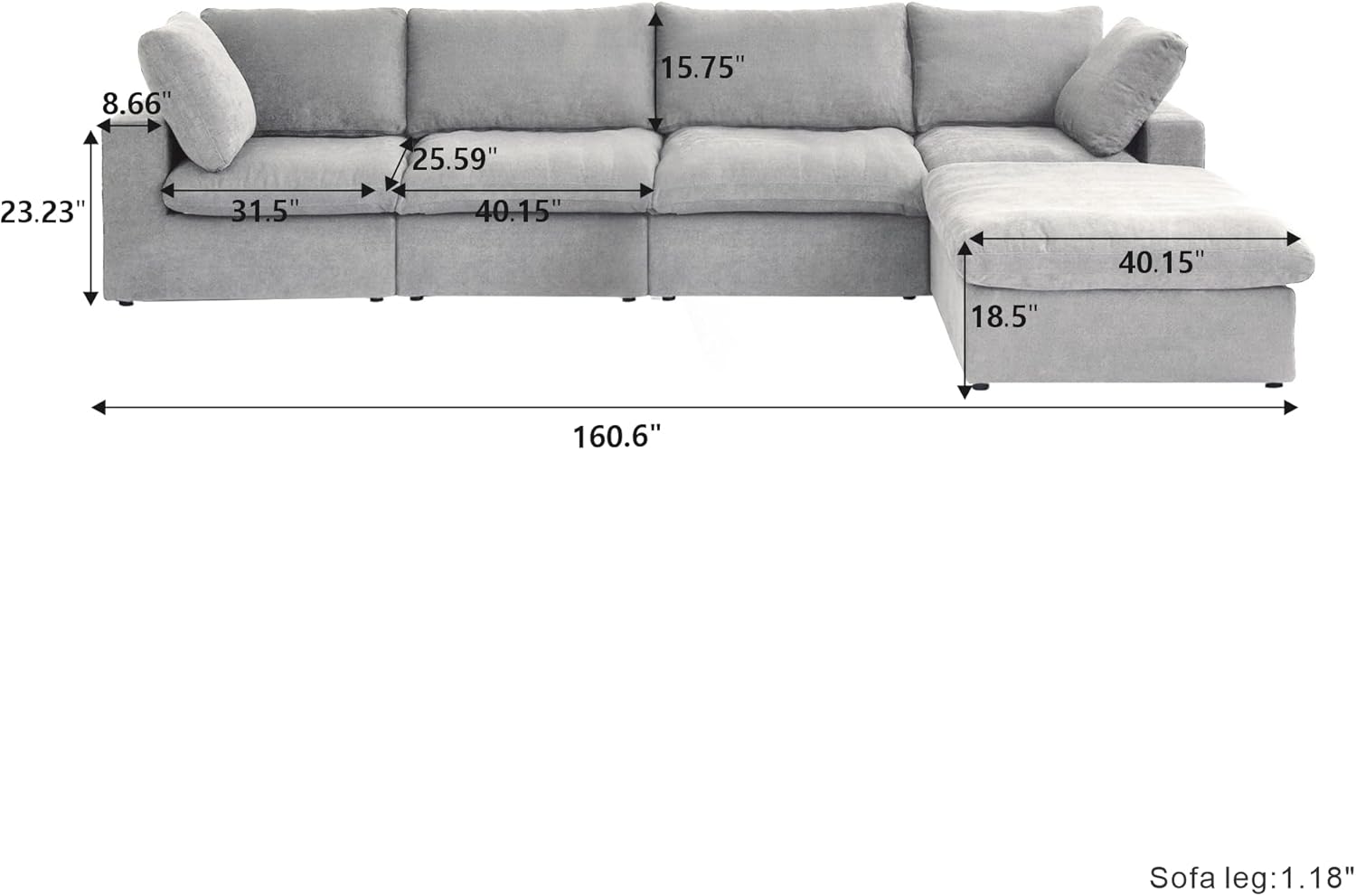Nuvé® Solace Modular Bouclé Cloud Sofa - Space Grey - 4-Seater Sectional Sofa with Ottoman - Nuvé