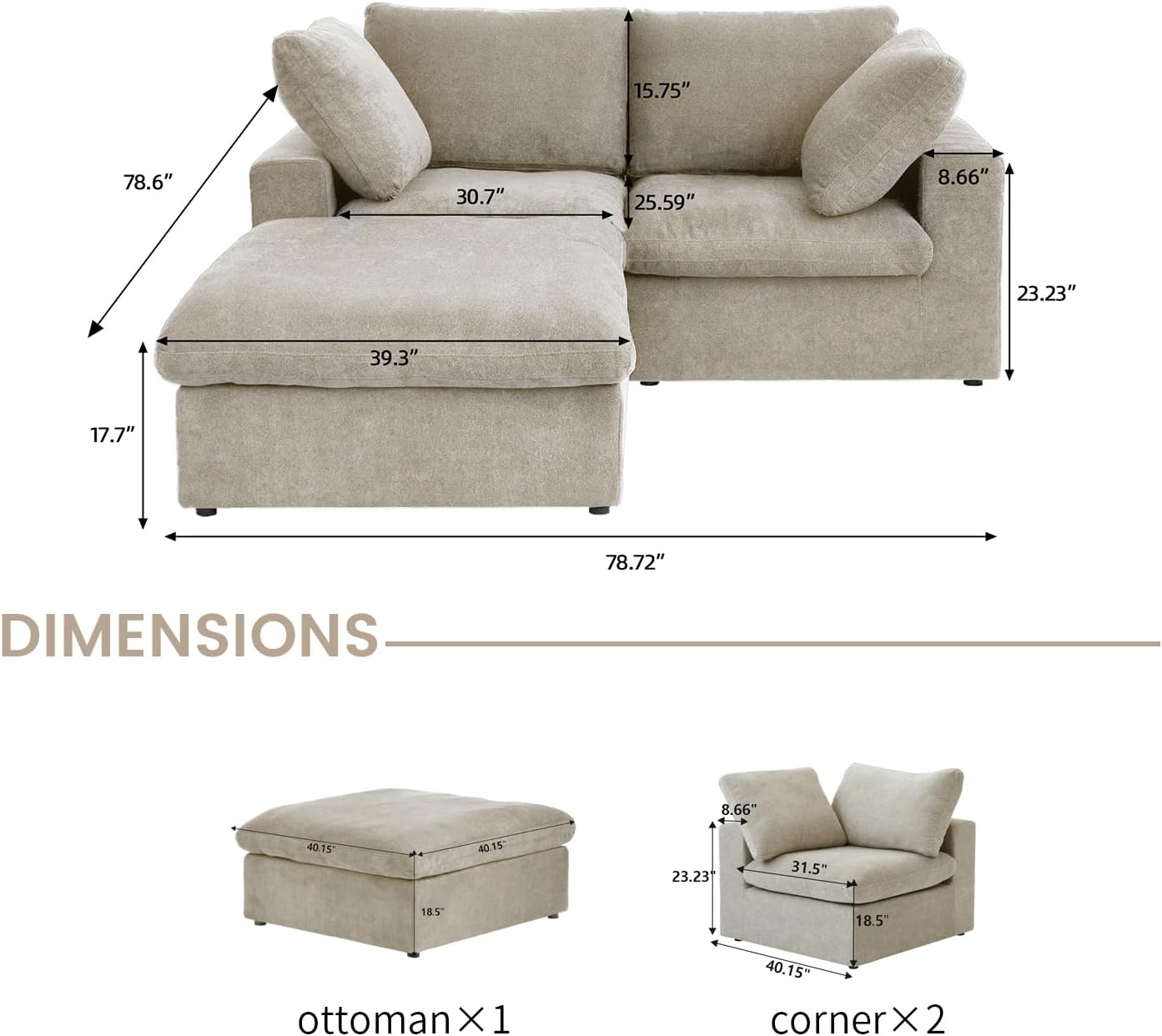 Nuvé® Solace Modular Bouclé Cloud Sofa - Khaki - 2-Seater Sectional Sofa with Ottoman - Nuvé