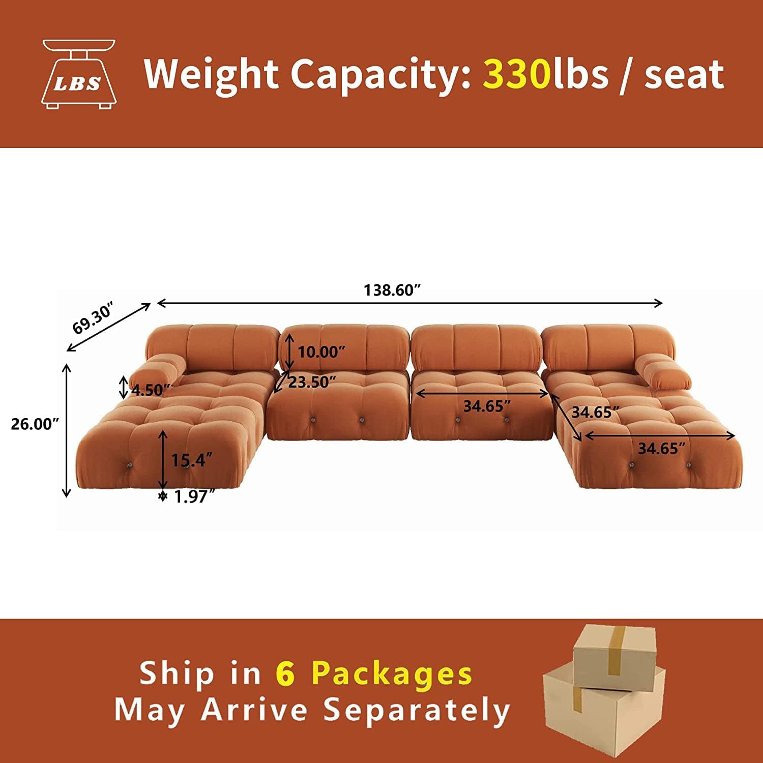 Nuvé® Takumi Velvet Modular Bouclé Cloud Sofa - Orange - 3-Seater Sofa with 2 Ottoman - Nuvé