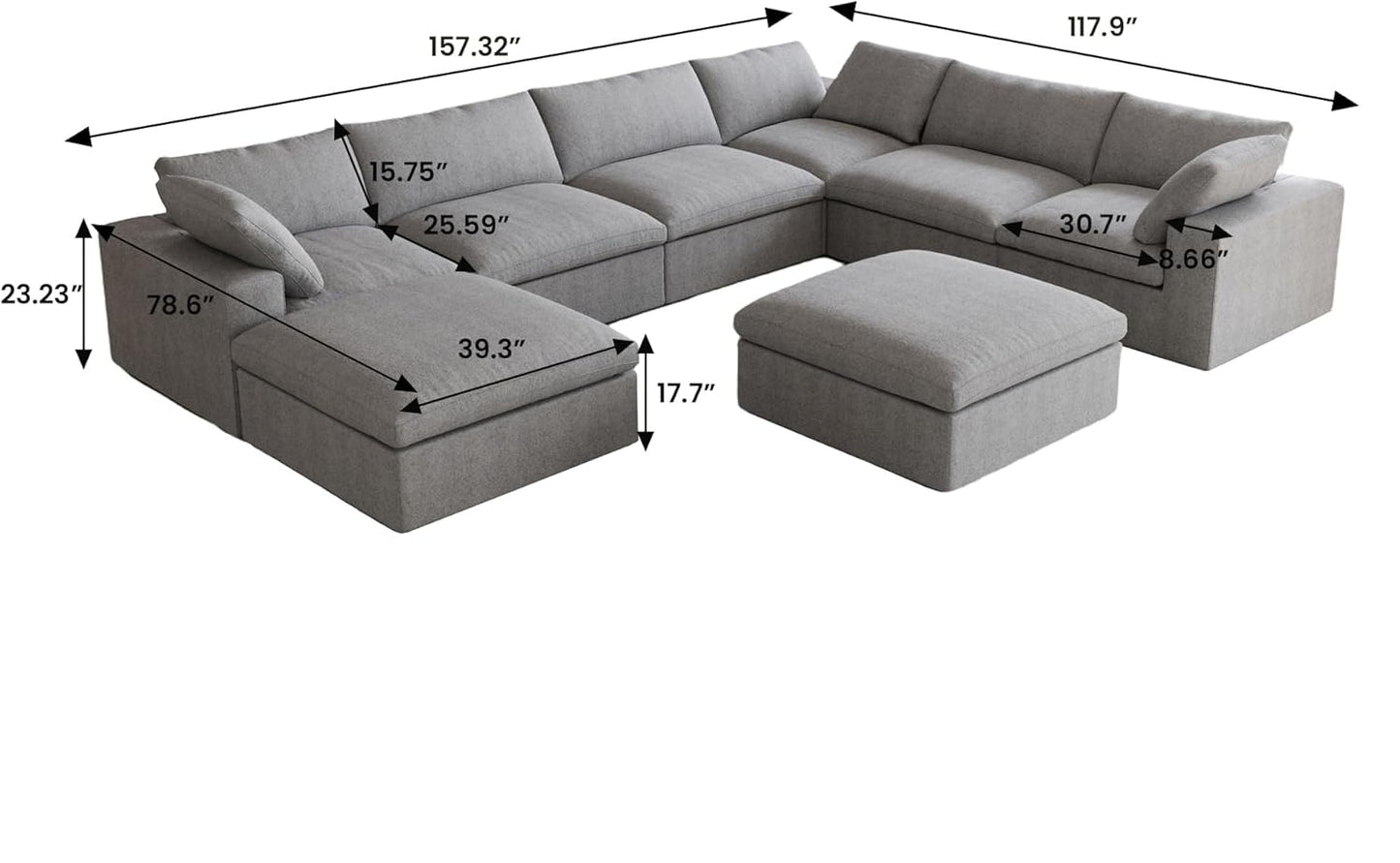Nuvé® Solace Modular Bouclé Cloud Sofa - Space Grey - 7-Seater Corner Chaise - Nuvé