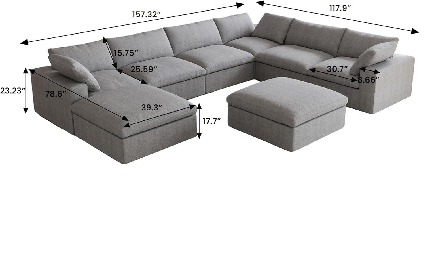 Nuvé® Solace Modular Bouclé Cloud Sofa - Space Grey - 7-Seater Corner Chaise - Nuvé