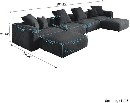 Kanso Corduroy Modular Bouclé Cloud Couch - Black - 4-Seater Sectional Sofa with 2 Ottomans - Nuvé