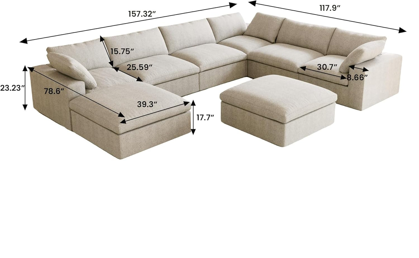 Nuvé® Solace Modular Bouclé Cloud Sofa - Khaki - 7-Seater Corner Chaise - Nuvé