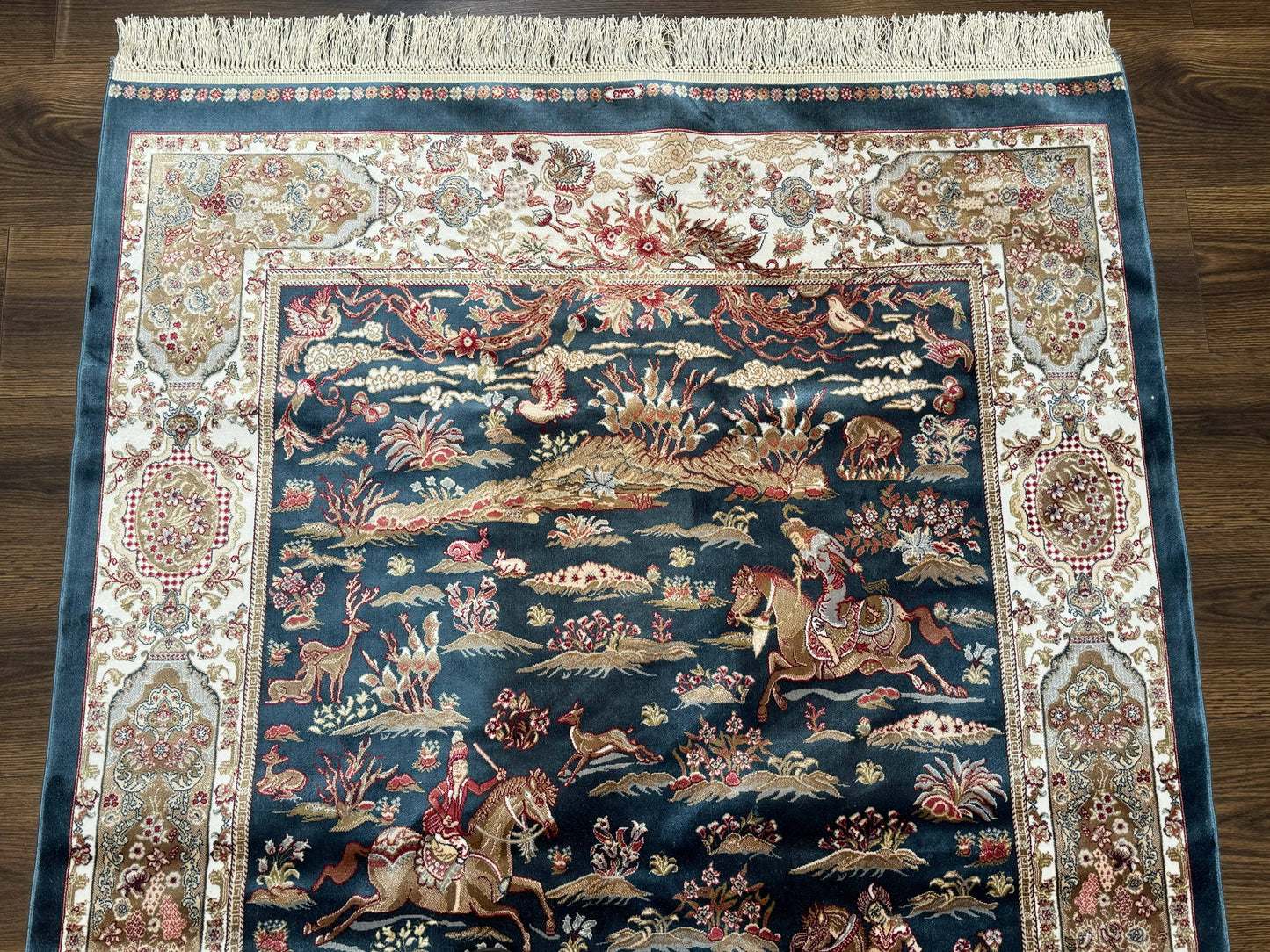 Turkish Silk Hunting Design Rug 4x6, Dark Steel Blue & Ivory, Bamboo Silk, New - Nuvé