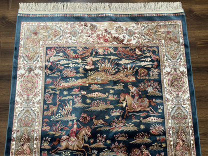 Turkish Silk Hunting Design Rug 4x6, Dark Steel Blue & Ivory, Bamboo Silk, New - Nuvé
