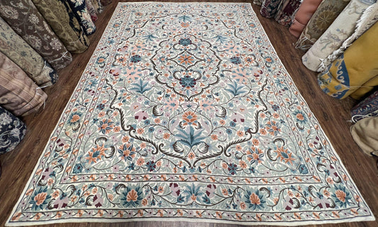Chain Stitched Rug 9x12 Vintage Carpet 9 x 12 Flatweave Rug, Ivory Teal Rug, Area Rug 9 by 12, Hand Stitched Rug, Medallion, Indian Rug - Nuvé