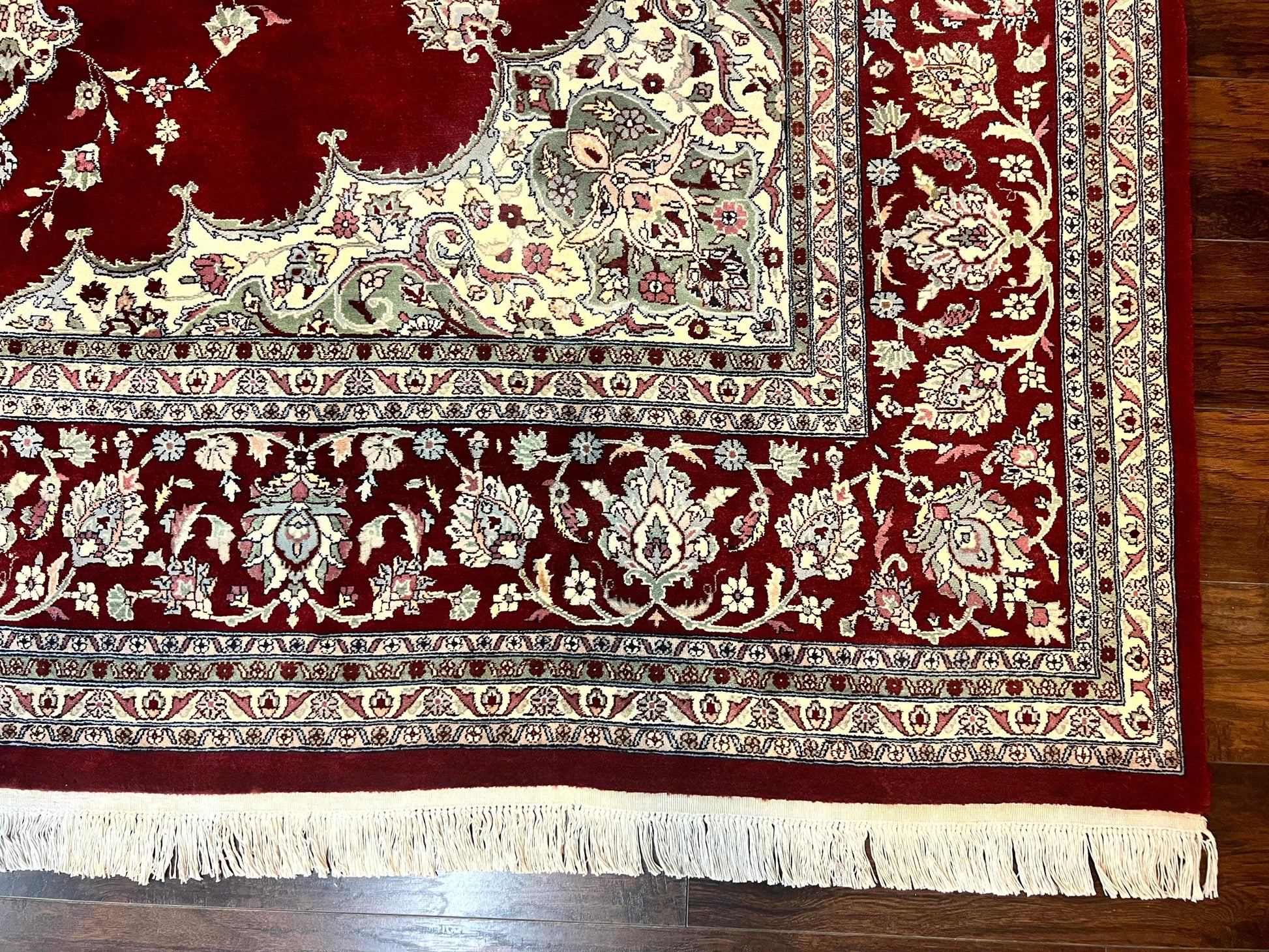 Pak Persian Rug 9x12, Handmade Vintage Traditional Wool Carpet, Floral Medallion, Dark Red Ivory/Cream, Fine 250 KPSI - Nuvé