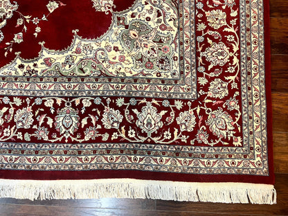 Pak Persian Rug 9x12, Handmade Vintage Traditional Wool Carpet, Floral Medallion, Dark Red Ivory/Cream, Fine 250 KPSI - Nuvé