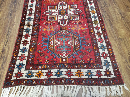 Antique Persian Heriz Karajeh Runner Rug, Red, Hand-Knotted, Wool, 3' 3" x 10' 11" - Nuvé