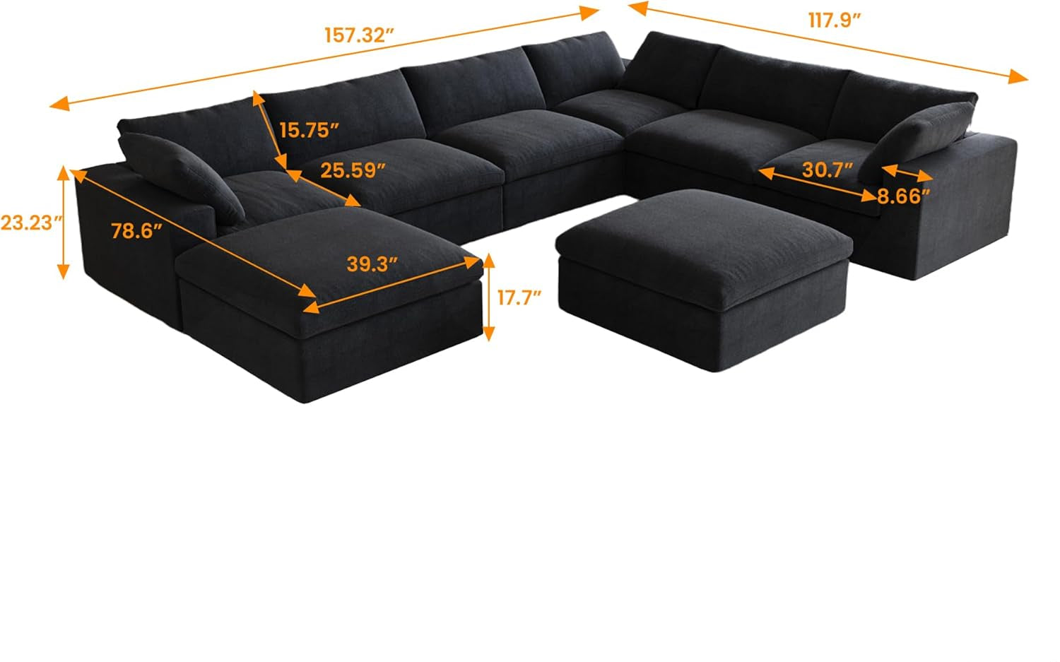 Nuvé® Solace Modular Bouclé Cloud Sofa - Obsidian Black - 7-Seater Corner Chaise - Nuvé
