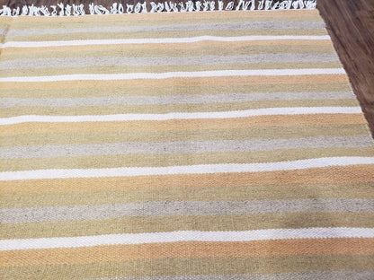 New Indian Kilim Area Rug, 6x8 - 7x8 South American Style Blanket, Striped Indian Wool Hand-Woven Flat Weave 6x9 Bedroom Rug, Ivory Ochre - Nuvé
