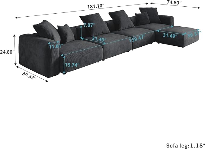 Kanso Corduroy Modular Bouclé Cloud Couch - Black - 4-Seater Sectional Sofa with Ottoman - Nuvé
