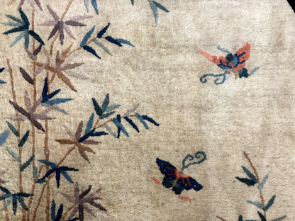 Antique Chinese Oval Rug 3.9 x 6.7, Floral, Butterflies, Chinese Wool Art Deco Peking Carpet, Beige, Handmade - Nuvé