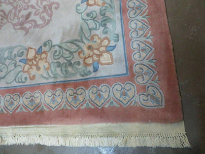 9' X 12' Vintage Handmade Chinese Carving Sculpture Wool Rug Flower Design Pink Carpet